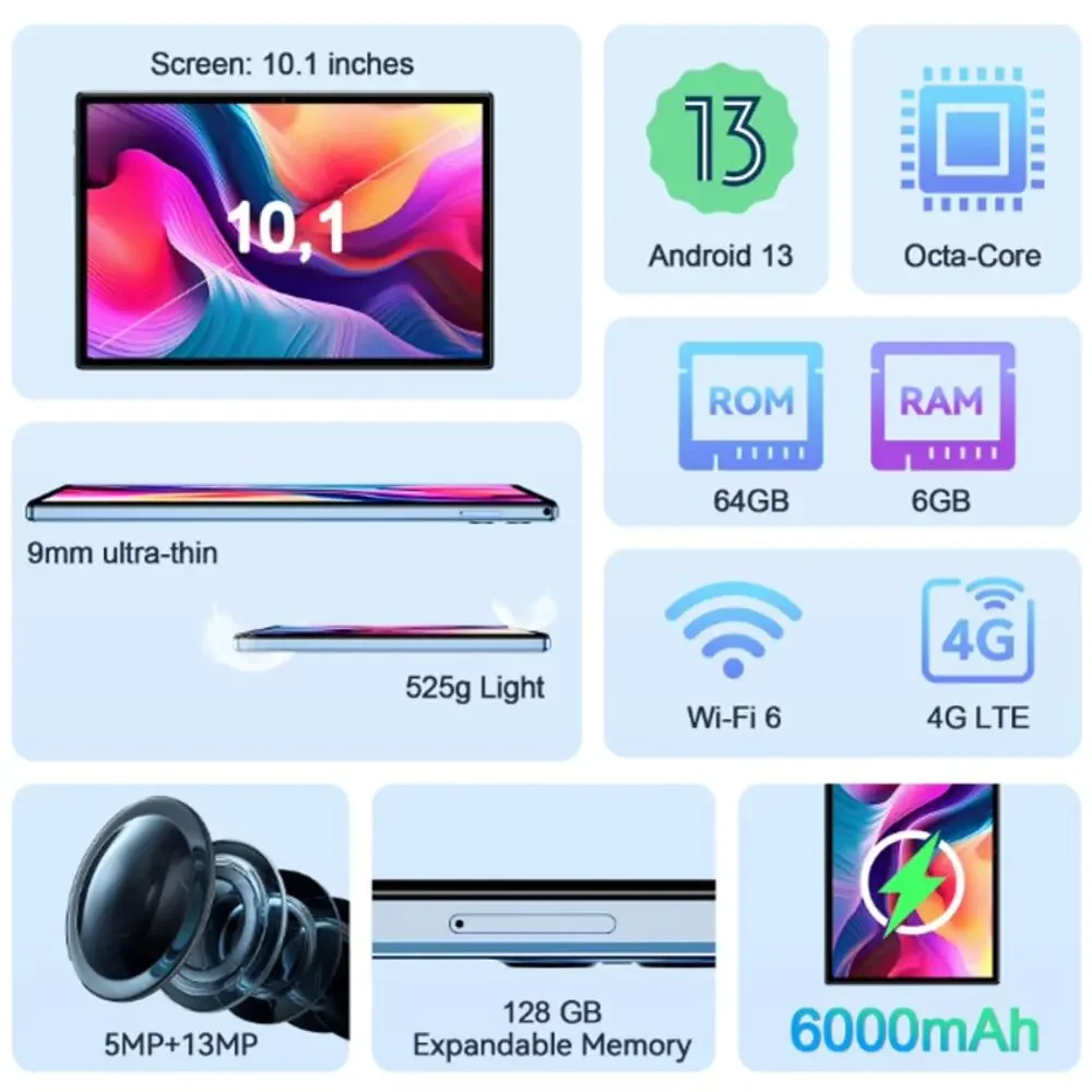 VEAT00L Tablet, 10.1 Inch IPS HD Android 13, 6GB RAM, 64GB Stora to 128GB,5GBlue